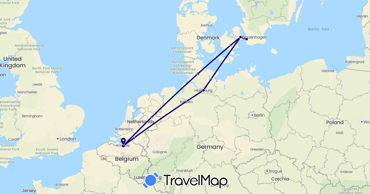 TravelMap itinerary: driving in Belgium, Germany, Denmark, Sweden (Europe)